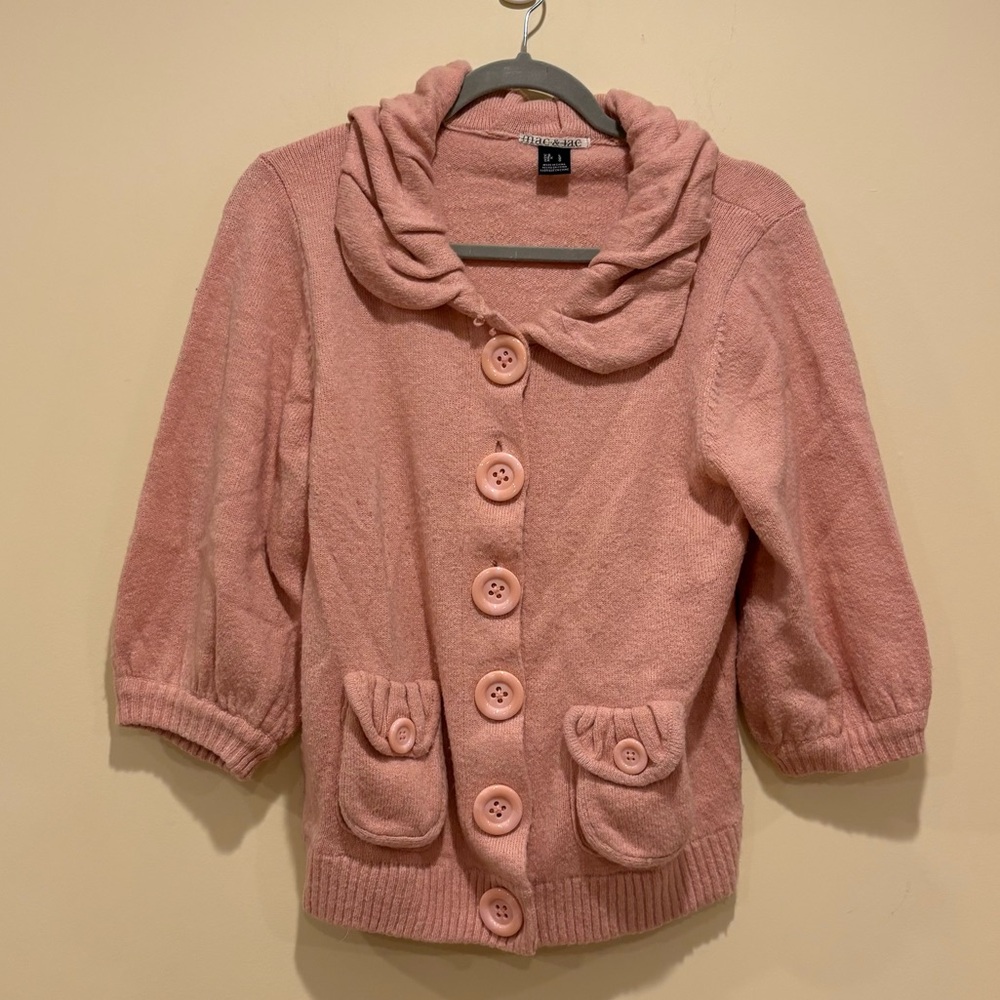 Mac & Jac Pink Button-Up Knit Cardigan with Puff Sleeves – Size M